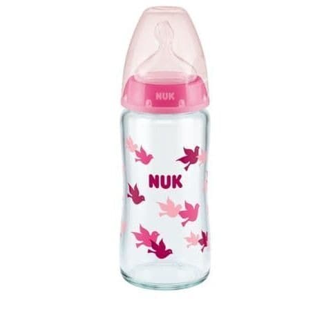 Biberón de vidrio Nuk First Choice+, tetina de silicona, anticólico, 0-6 m, rosa, 240 ml
