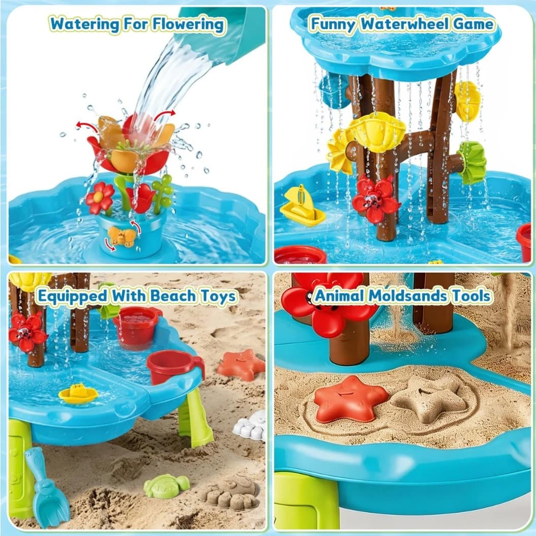 Tavolo da gioco d'acqua, giochi da giardino per esterni, con cascata, giochi di fiori, estive, spiaggia, sabbiera - 2