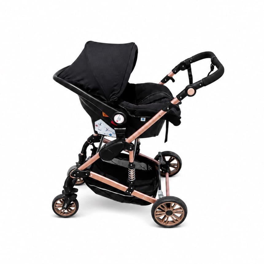 Black and rose gold combination stroller with cozy